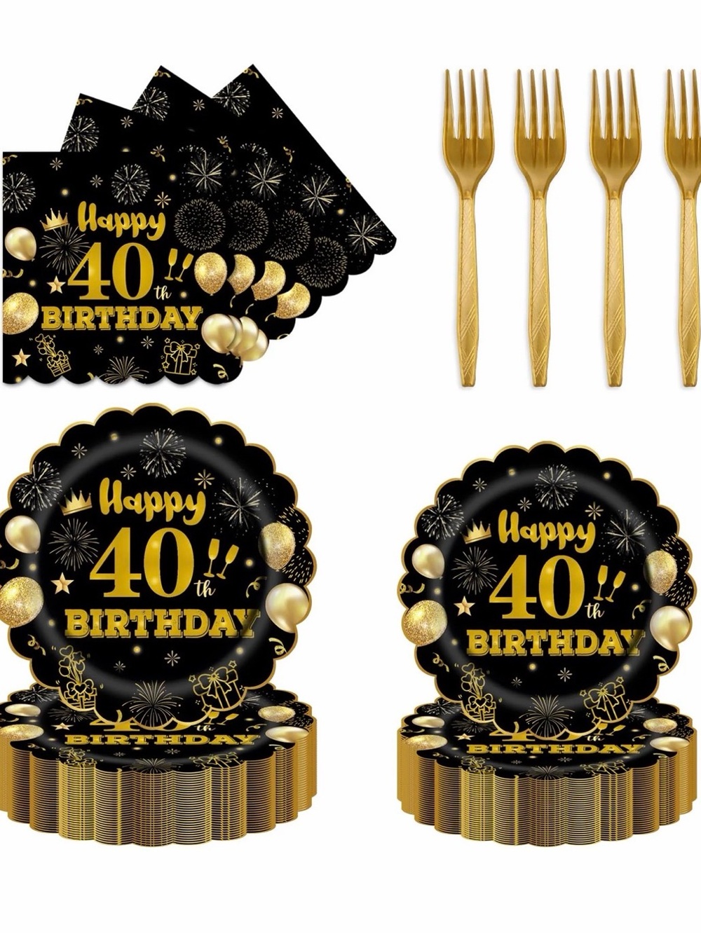 Happy 40th Birthday Black & Gold Party Plate and Napkin 96-Piece Set